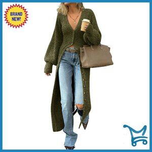 Chunky Knit V-Neck Long Cardigan Button Down Maxi Sweater Dress